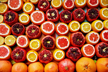 Fresh pomegranate and oranges at the Grand Bazaar, Istanbul. Flatlay view of orange, pomegranate,...