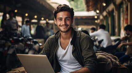 Obraz premium Cityscapes and Screens: Digital Backpackers Embark on Cyber Journeys in Exotic Cities