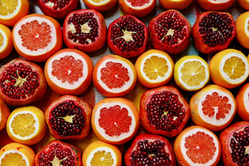 Fresh pomegranate and oranges at the Grand Bazaar, Istanbul. Flatlay view of orange, pomegranate,...