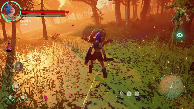 Video Game Mock-up Screen with Beautiful Sunset Scenery: Gameplay of 3D Fantasy Adventure Action RPG Set in Magical Realm. Female Hero Character Going on Adventure, Fighting Enemies with Sword