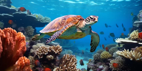 Fotobehang Sea turtle surrounded by colorful fish underwater © Katrin_Primak