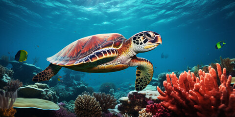 Sea turtle surrounded by colorful fish underwater