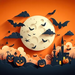 Happy Halloween banner or party invitation background with clouds, bats and pumpkins in paper cut style. illustration. Full moon in orange sky, Generate AI - 659826345