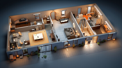 Computer 3d visualization of the house plan, layout of the house project in 3d