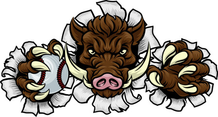 A wild boar, hog razorback warthog pig mean tough cartoon sports mascot holding a baseball ball