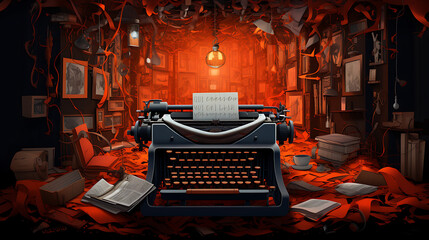 an imaginative portrayal of an author at a typewriter, with words and sentences flowing out of the machine and filling the room, celebrating the creativity and storytelling in literature - obrazy, fototapety, plakaty