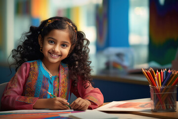 Cute indian little girl studying and giving happy expression
