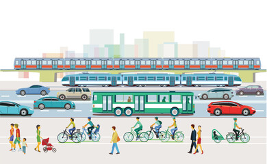 Stadtsilhouette einer Stadt mit Verkehr und Menschen,  illustration - 659826718