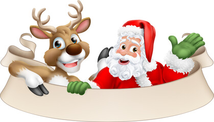 Cartoon Santa Claus or Father Christmas and his reindeer peeking over a scroll sign