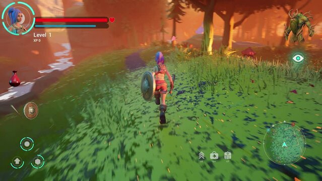 Video Game Mock-up Screen: Gameplay of 3D Colorful Fantasy Role Playing Game Featuring Female Hero Character on Adventure, Fighting Enemies. Fun Video Game of Puzzles and Quests Set in Magical Forest