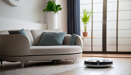 Fototapeta premium robot vacuum cleaner cleans the living room floor with sofa