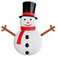 PNG image of 3D snowman with red scarf wearing a black hat and wooden hands