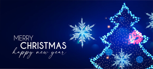 Merry Christmas and Happy New Year! Shining Christmas fire tree with snowflakes. Christmas lights and bokeh effect.