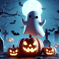  3D Spooky Halloween at graveyard. 3D Rendering cute ghost floating above pumpkin at spooky night in haunted graveyard