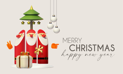 Merry Christmas and Happy New Year design template with Santa Claus, fir tree and gift box. Happy holidays. Special offer.