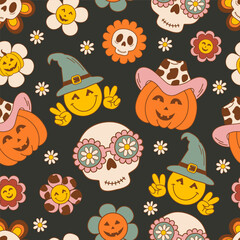 seamless pattern with  skulls, pumpkin, flowers - 659828544