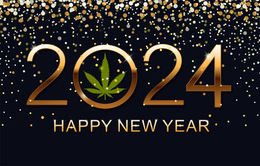 Happy New Year 2024. Greeting Card. New Year Shining background with marijuana leaf. Vector illustration.