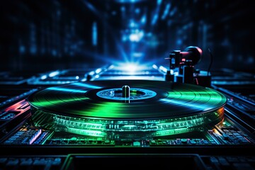 Vinyl record in neon light. Vinyl player in retro style. Close-up. Music concept