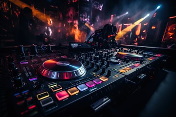 DJ console in the light of spotlights and neon lights. Music and nightlife - obrazy, fototapety, plakaty