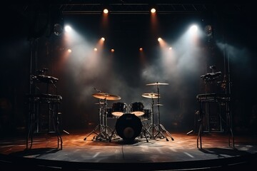 Drum set on stage in the rays of spotlights. Live music - obrazy, fototapety, plakaty