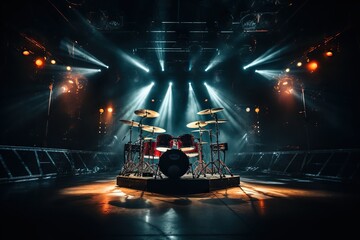 Drum set on stage in the rays of spotlights. Live music - obrazy, fototapety, plakaty