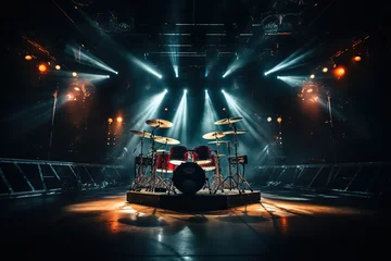 Fotobehang Drum set on stage in the rays of spotlights. Live music © Vovmar