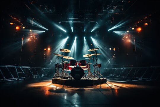 Drum set on stage in the rays of spotlights. Live music