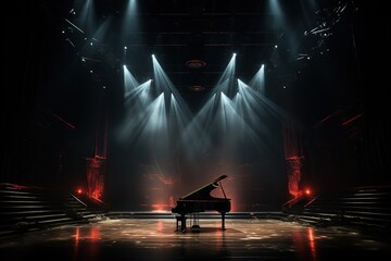 The piano is in the center of the stage in the light of the spotlights. Musical performance - obrazy, fototapety, plakaty