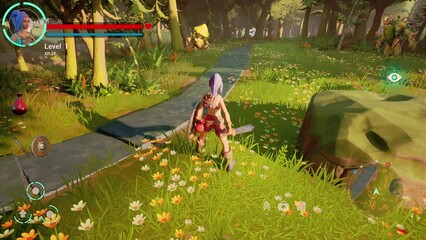 Gameplay for Mockup Screen: Fantasy Role Playing Video Game Featuring Adventure and Combat. Strong Female Hero Getting Surrounded and Attacked by Enemies but She Triumphs with her Mighty Magical Sword