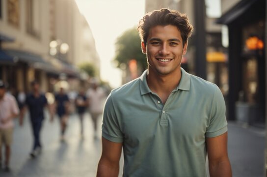 Portrait of a Happy young man in a polo shirt standing on the city street.