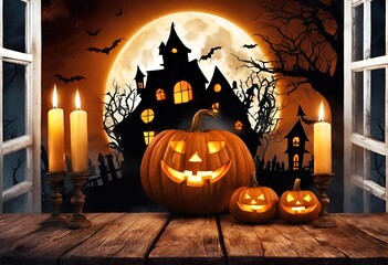 Full Moon and Pumpkin Head: Halloween Illustration Spooky House Haunted house Halloween pumpkin head jack lantern with burning candles, Spooky