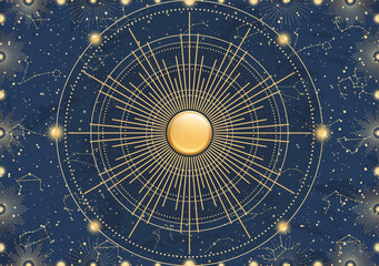 Hand drawn card of 3d golden Sun, sunburst, light rays, stars. Constellation celestial space. Zodiac horoscope symbol, star astrology, astrology sign, icon. Magic space galaxy, vector illustration