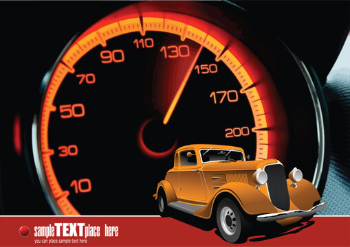 Vector 3d  illustration of a speedometer and rarity car image. Odometer