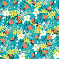 Seamless pattern of small flowers on a bright blue background. Vintage floral background, Seamless pattern for design wallpaper, gift wrap paper and fashion prints.