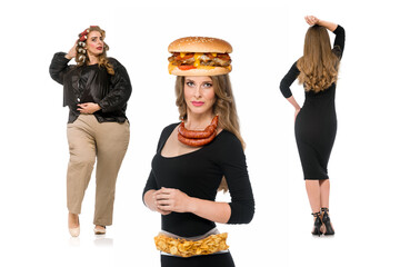 Composite photo of young woman before and after refuse of junk food, Side-by-side comparison...