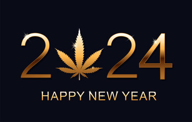 Happy New Year 2024. Greeting Card. New Year background with marijuana leaf. Isolated vector illustration.