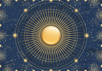 Fototapeta premium Hand drawn card of 3d golden Sun, sunburst, light rays, stars. Constellation celestial space. Zodiac horoscope symbol, star astrology, astrology sign, icon. Magic space galaxy, vector illustration