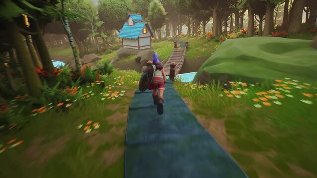 Video Game Mock-up: Playable Character in Beautiful Bright 3D Video Game. Fantasy RPG Featuring Female Hero Character on Adventure, Discovering, Running Towards Goal Marked on Map. Gaming Content