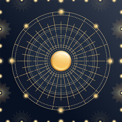 Hand drawn 3d glossy golden Sun, sunburst, starburst, light rays. Bohemian round symbol bursting sun rays. Magic talisman, antique style, boho, logo. Vector illustration isolated on blue background