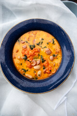 Hot italian soup with butter beans and sausage, nutritious and delicious 