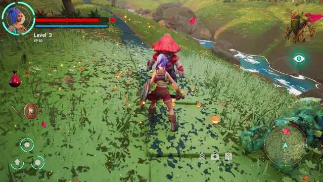 Colourful Video Game Mock-up: Gameplay of 3D Open World Fantasy Role Playing Game Featuring Female Hero Character on Adventure Fighting Monsters, Leveling Up, Finishing Quest with Victory Screen