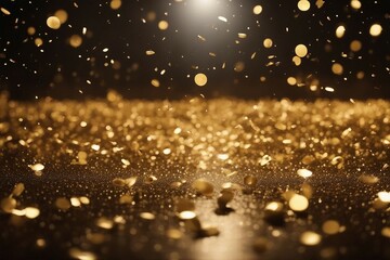 Obraz na płótnie Canvas Golden confetti rain on the festive stage with a light beam