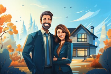 illustration of a happy husband and wife smiling in front of a large house. A new concept of home, creating a family - obrazy, fototapety, plakaty