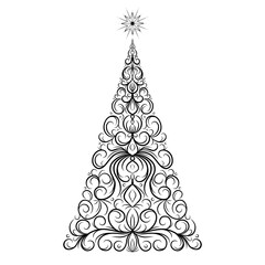 Hand drawn decorative Christmas tree with star. Happy New Year ornate elements for winter holidays, abstract Christmas symbol, Xmas design. Vector sketch illustration isolated on white background