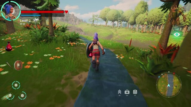 Gameplay of 3D Fantasy Role Playing Video Game Featuring Female Character. Fun Tactical Arcade with Hero Character on Adventure, Running, Fighting Enemies in Magical Forest. Cyber Championship