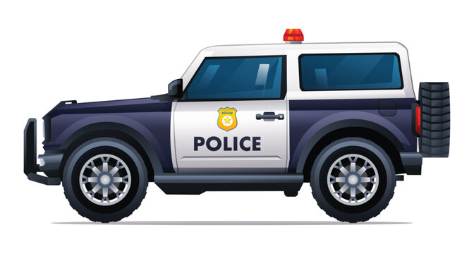 Police car side view vector illustration. Patrol official vehicle, suv 4x4 car isolated on white background