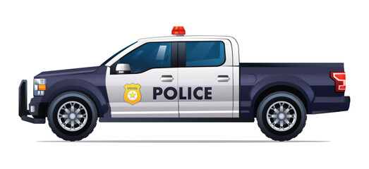 Police car vector illustration. Patrol official vehicle, pickup truck side view isolated on white background © YG Studio