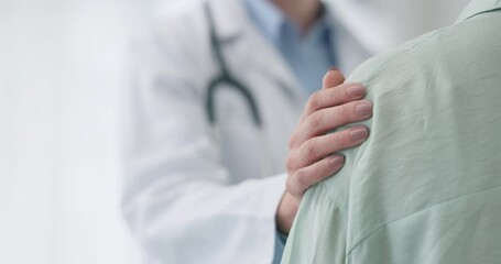 Doctor with bad news, support or hands on shoulder of patient with empathy, trust or advice to help. Results, medical surgeon or talking in consultation for sad, consulting or therapy in hospital