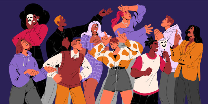 Theatrical artists play roles. Actors and actresses rehearse comedy and tragedy in theater. Crowd of performers shows different creative emotions, gesturing, acting. Flat isolated vector illustration