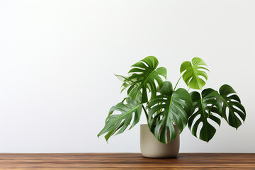 Generative AI Image of Monstera Plant on Wooden Table with White Wall Background